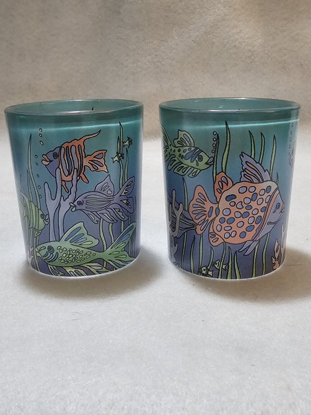 Rare Set Of 2 PartyLite Fish Tales 2.75" Votive Candle Holders Blue Glass